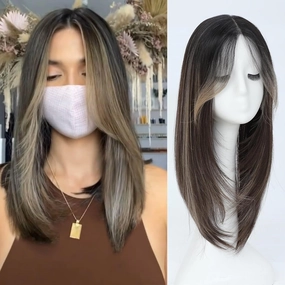 6''×5.5'' large Hair Toppers for Women with Thinning Hair Straight Hair Topper with Bangs lace Hairpiece Synthetic Wig (Dark Brown & Medium Brown Base with Light Golden Blonde Highlights)