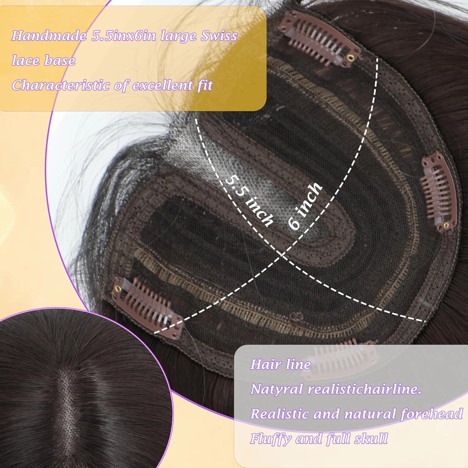 6''×5.5'' large Hair Toppers for Women with Thinning Hair Straight Hair Topper with Bangs lace Hairpiece Synthetic Wig (Dark Brown & Medium Brown Base with Light Golden Blonde Highlights)