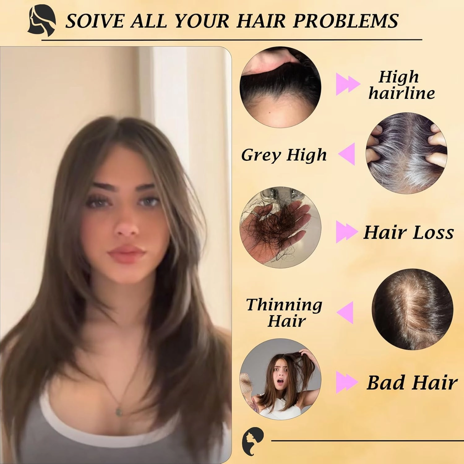 6''×5.5'' large Hair Toppers for Women with Thinning Hair Straight Hair Topper with Bangs lace Hairpiece Synthetic Wig (Dark Brown & Medium Brown Base with Light Golden Blonde Highlights)