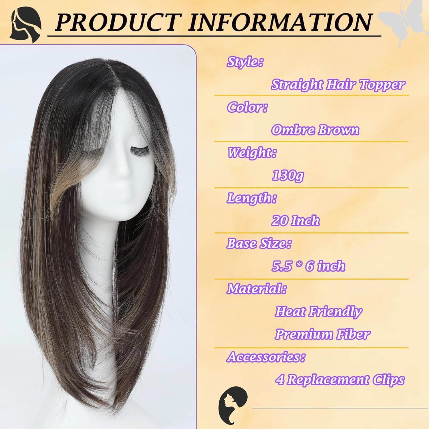 6''×5.5'' large Hair Toppers for Women with Thinning Hair Straight Hair Topper with Bangs lace Hairpiece Synthetic Wig (Dark Brown & Medium Brown Base with Light Golden Blonde Highlights)
