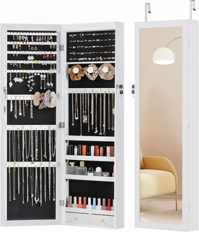 6 LEDs Jewelry Cabinet Organizer, 47.2-inch Jewelry Armoire with Full-Length Mirror, Wall or Door Mounted Jewelry Storage, Lockable Large Capacity Storage, White