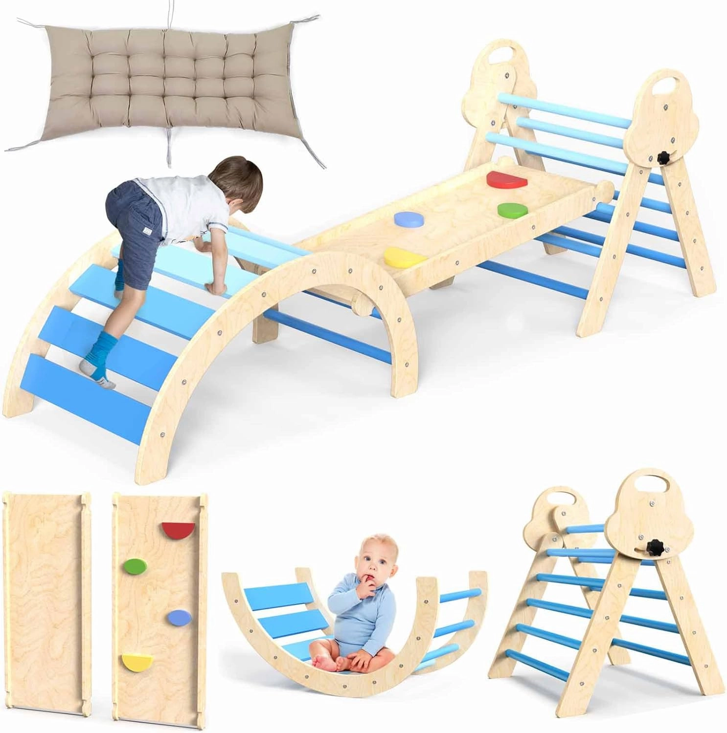 7 in 1 Pikler Triangle Set with Cushion, Wooden Climbing Toys for Toddlers 1-3 Inside, Indoor Playground Jungle Gyms with Ramp, Arch and Ladder