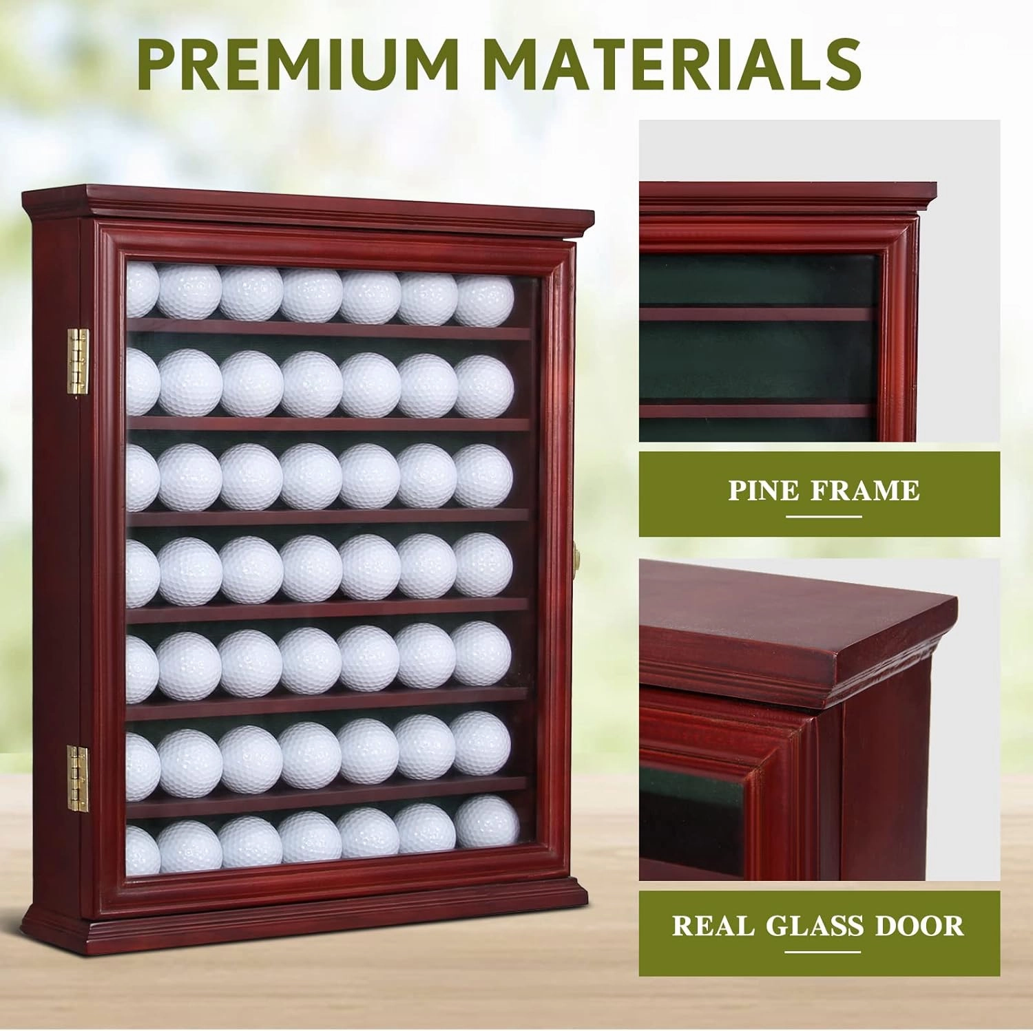 7-Shelf Golf Ball Display Case in Solid Pine Wood with UV Protection and Lockable Glass Door for Organizing and Showcasing Golf Memorabilia