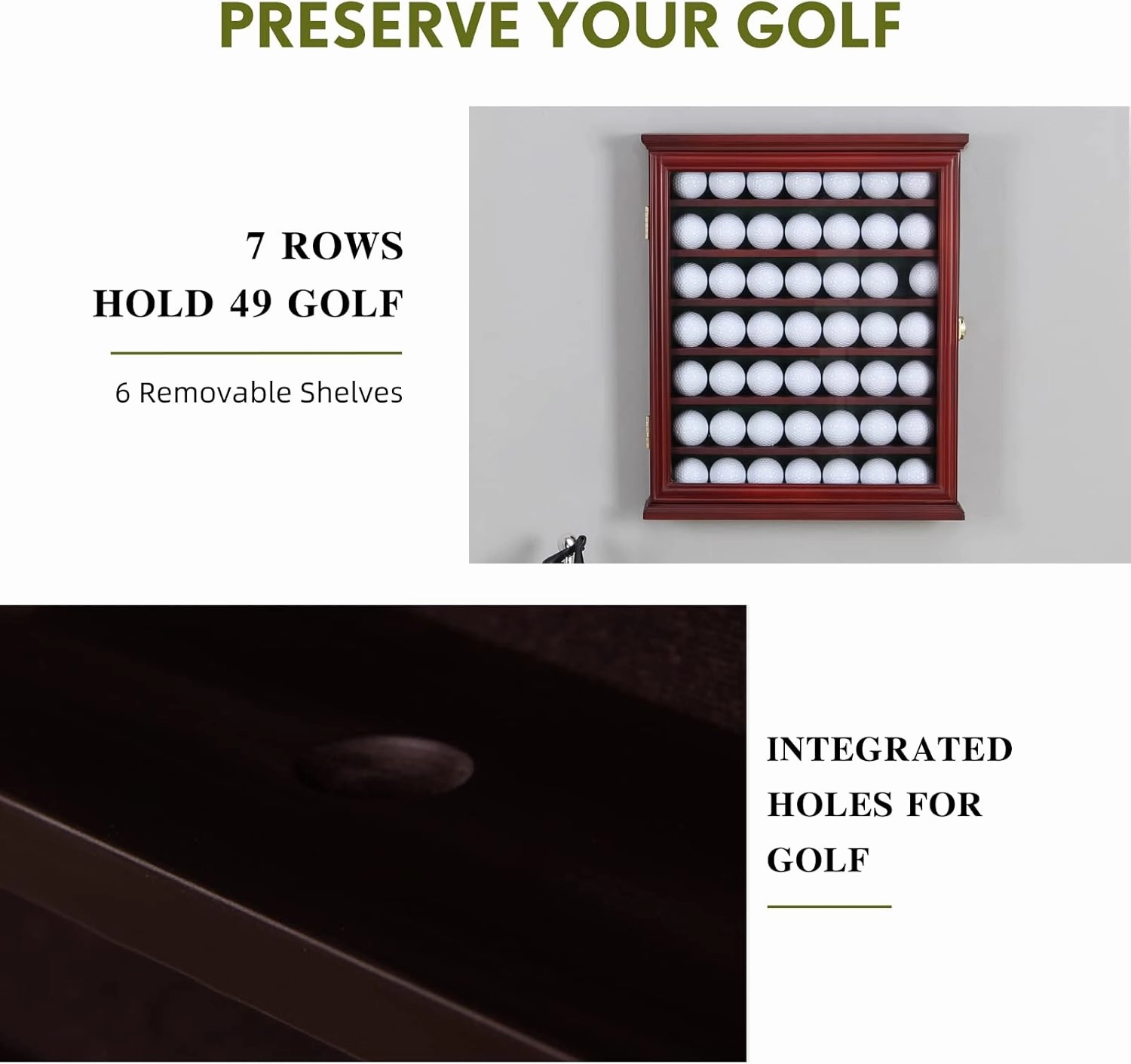7-Shelf Golf Ball Display Case in Solid Pine Wood with UV Protection and Lockable Glass Door for Organizing and Showcasing Golf Memorabilia