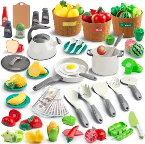 90Pcs Kitchen Playset Accessories, Pretend Cooking with Pots, Pans, Cookware, Food, Fruit, Veges, Color Sorting Baskets, Prop Money, Learning Gift for Girls Boys Toddlers (White)
