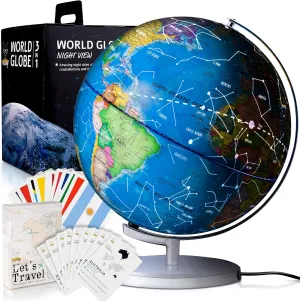 9" Illuminated Educational Kids World Globe   STEM Flags & Countries Interactive Card Game. 3 in 1 Children Desktop Spinning Earth Political & Constellation Maps, LED Night Light Lamp