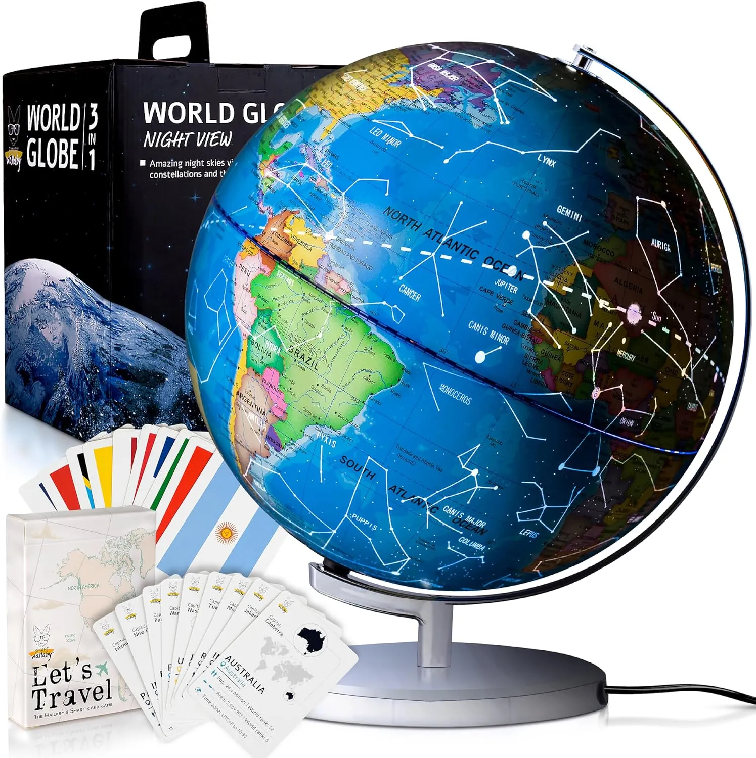 9" Illuminated Educational Kids World Globe   STEM Flags & Countries Interactive Card Game. 3 in 1 Children Desktop Spinning Earth Political & Constellation Maps, LED Night Light Lamp