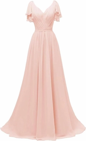A-line Pleated Chiffon Bridesmaid Dress for Women, Long V Neck Formal Party Dresses Wedding Guest Dress