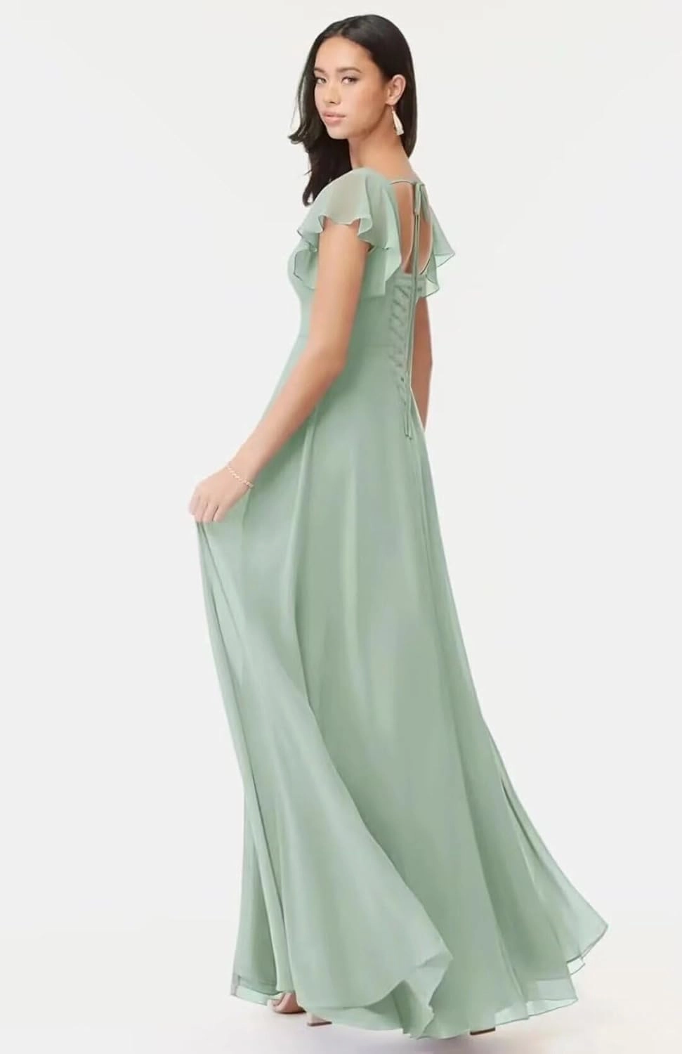 A-line Ruffles Chiffon Bridesmaid Dress for Women, Square Neck Prom Dresses Short Sleeves Formal Dress
