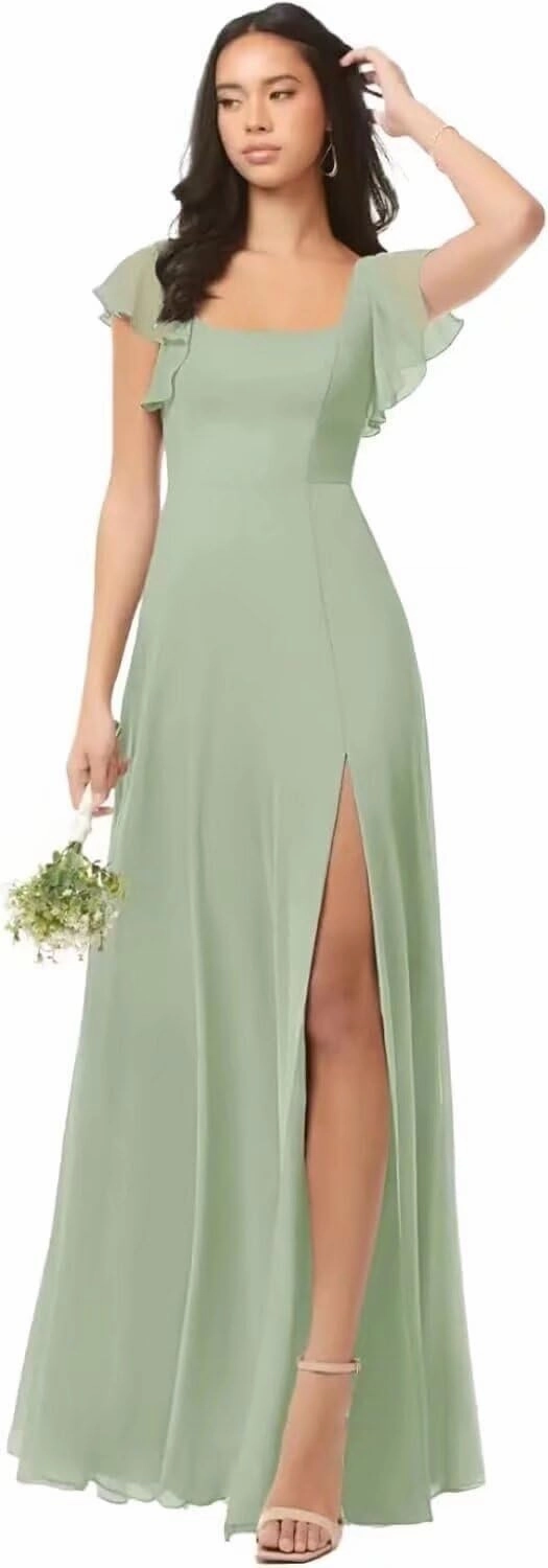 A-line Ruffles Chiffon Bridesmaid Dress for Women, Square Neck Prom Dresses Short Sleeves Formal Dress