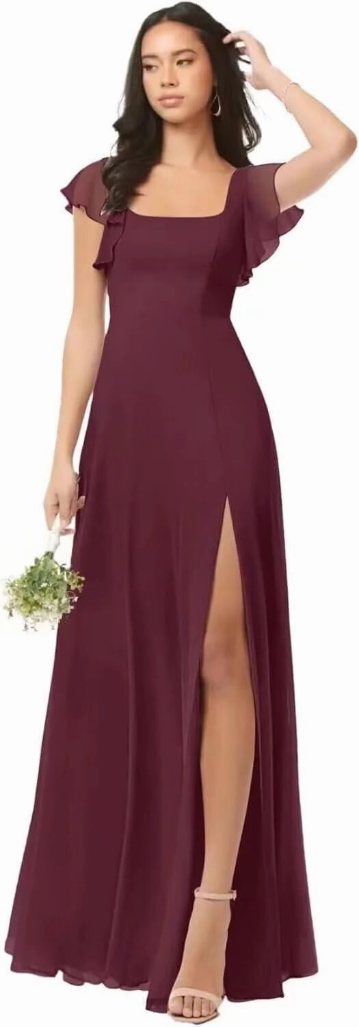 A-line Ruffles Chiffon Bridesmaid Dress for Women, Square Neck Prom Dresses Short Sleeves Formal Dress