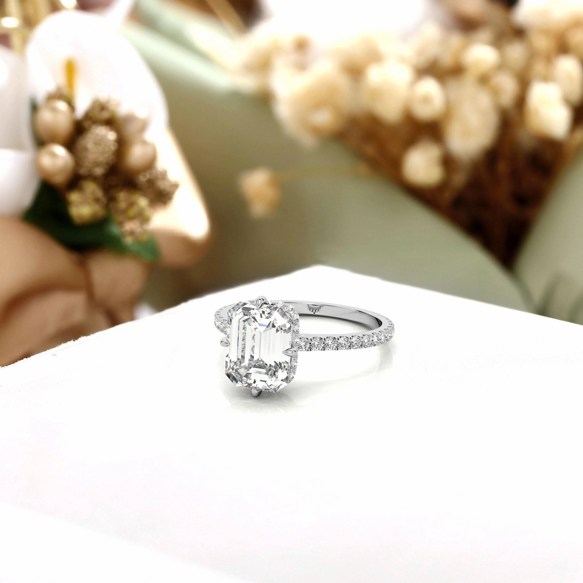 Adjustable Engagement Sterling Silver White Gold Emerald Cut Ring For Woman