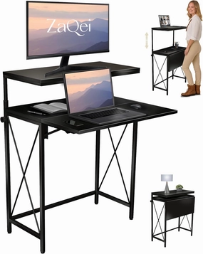 Adjustable Height Standing Desk Small Foldable Home Office Table With Monitor Shelf For Laptop Computer Work Compact Rolling L Shape Desk With Drawers Space Saving Modern Black Furniture (BLACK)