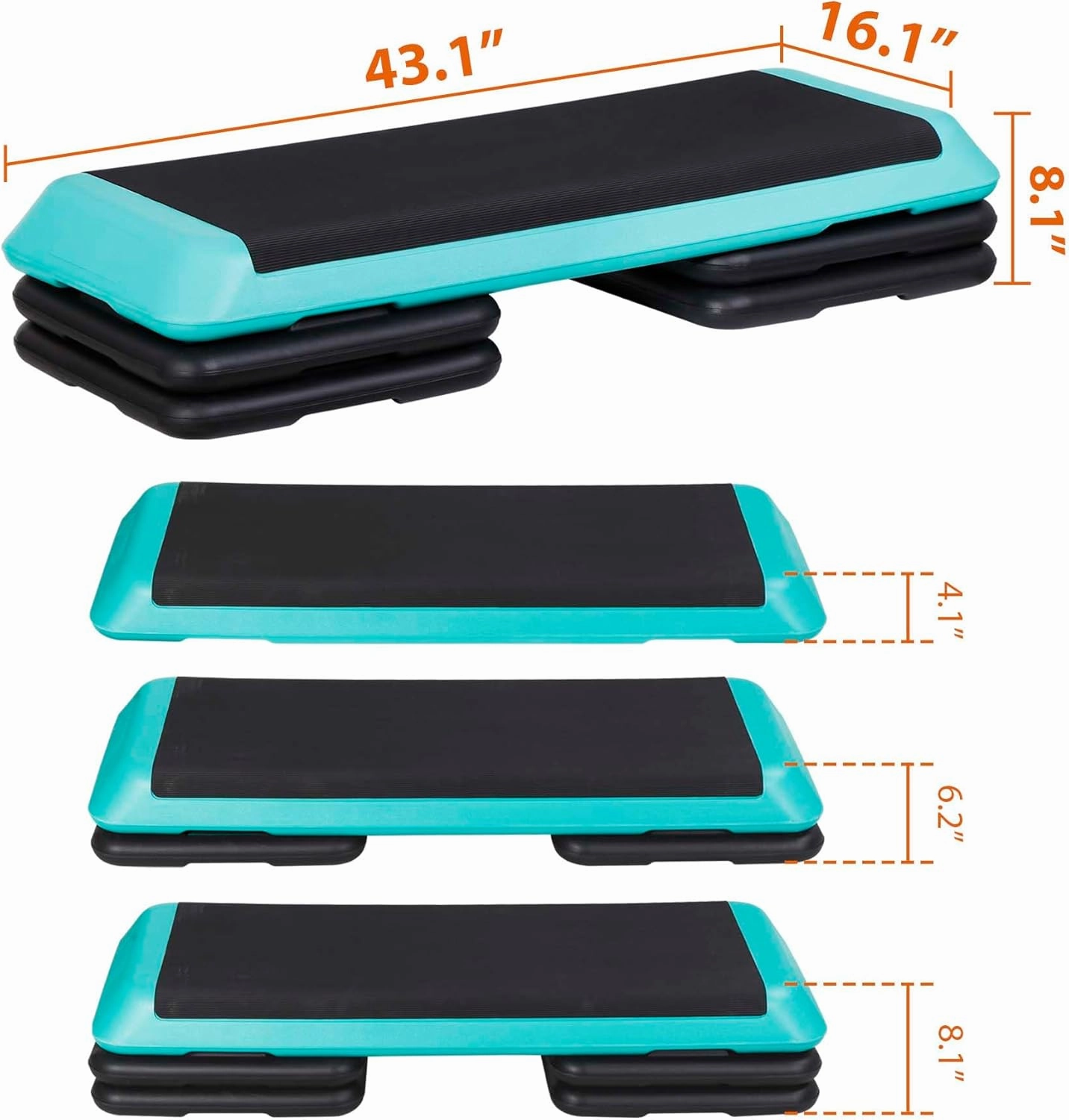 Aerobic Exercise Step Platform, Adjustable Height Compact Workout Stepper with 4 Risers for Home, Fitness, Gym, Strength Training, 4" - 6" - 8", 43 Inch