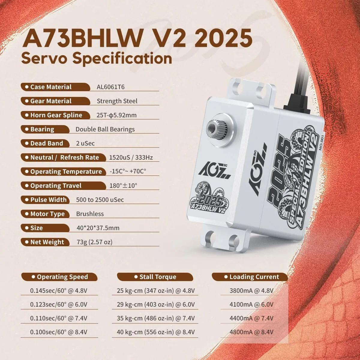 AGFRC Year-of-The-Snake Limited-Edition 40KG High-Torque-RC-Servo - Waterproof Brushless Digital Servo for 1/10 RC Cars (A73BHLW V2 2025 Special Edition)