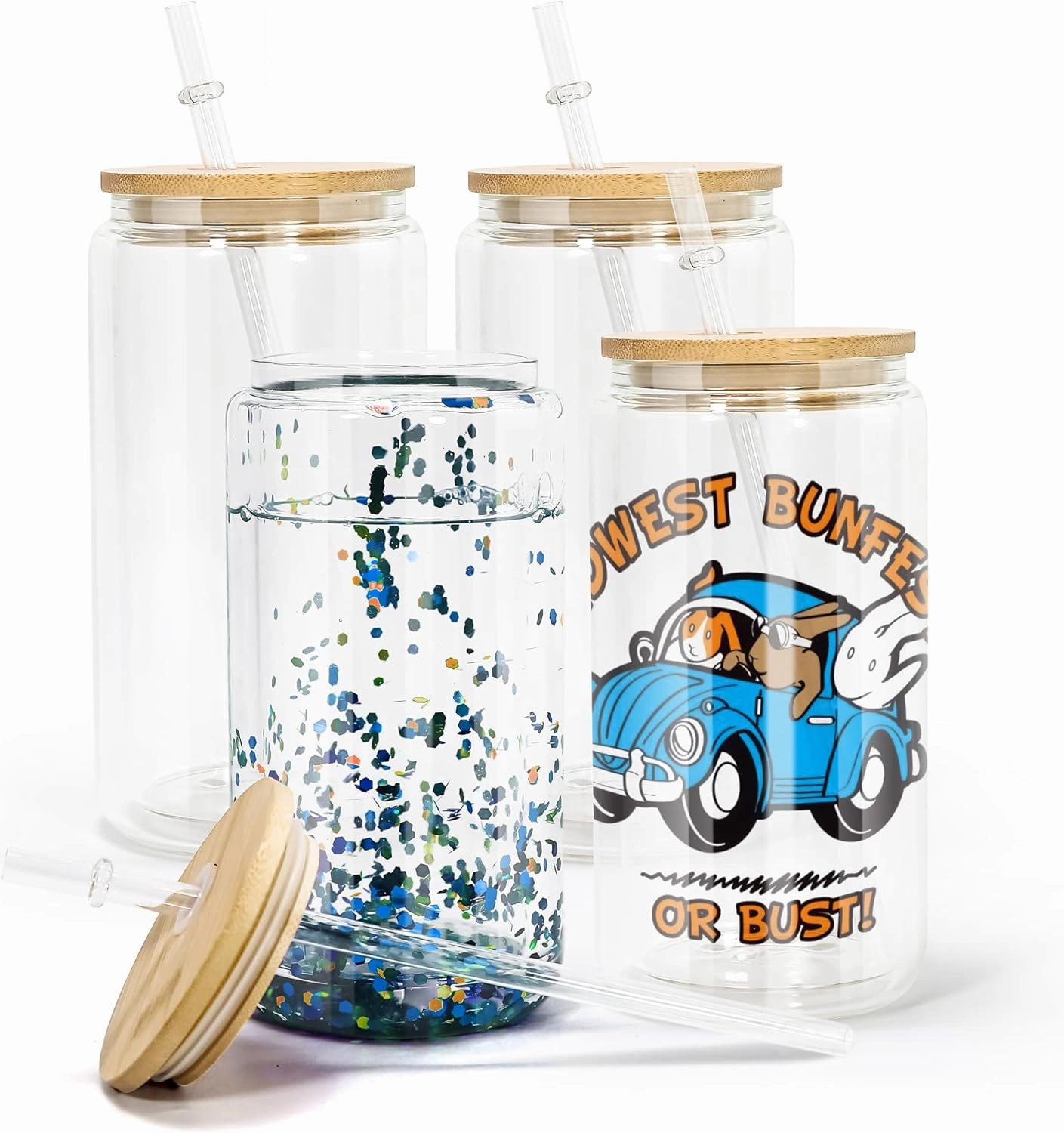 AGH 16OZ Snow Globe Glass Tumbler,4 Pack Sublimation Glass with Bamboo Lids and Straws, Double Wall Sublimation Beer Can Glasses Can Shaped Tumblers with Pre Drilled Hole for DIY
