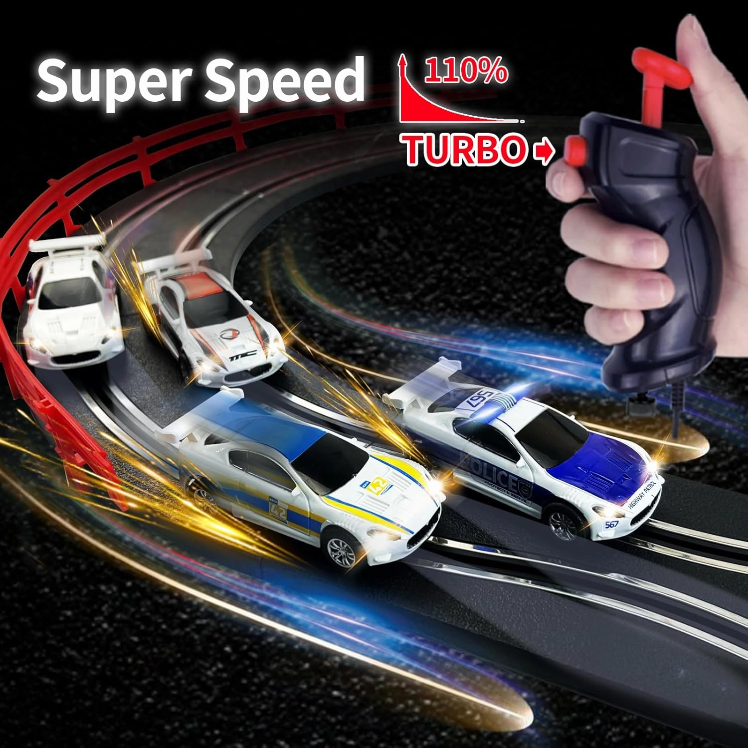 AGM MASTECH AGM MASETCH Slot Car Race Track Sets with 4 Exquisite Slot Cars, Battery or Electric Car Track, 2 Controllers, Lap Counter, Gift Toys for Boys and Girls Age 4-8 8-12, Bklac