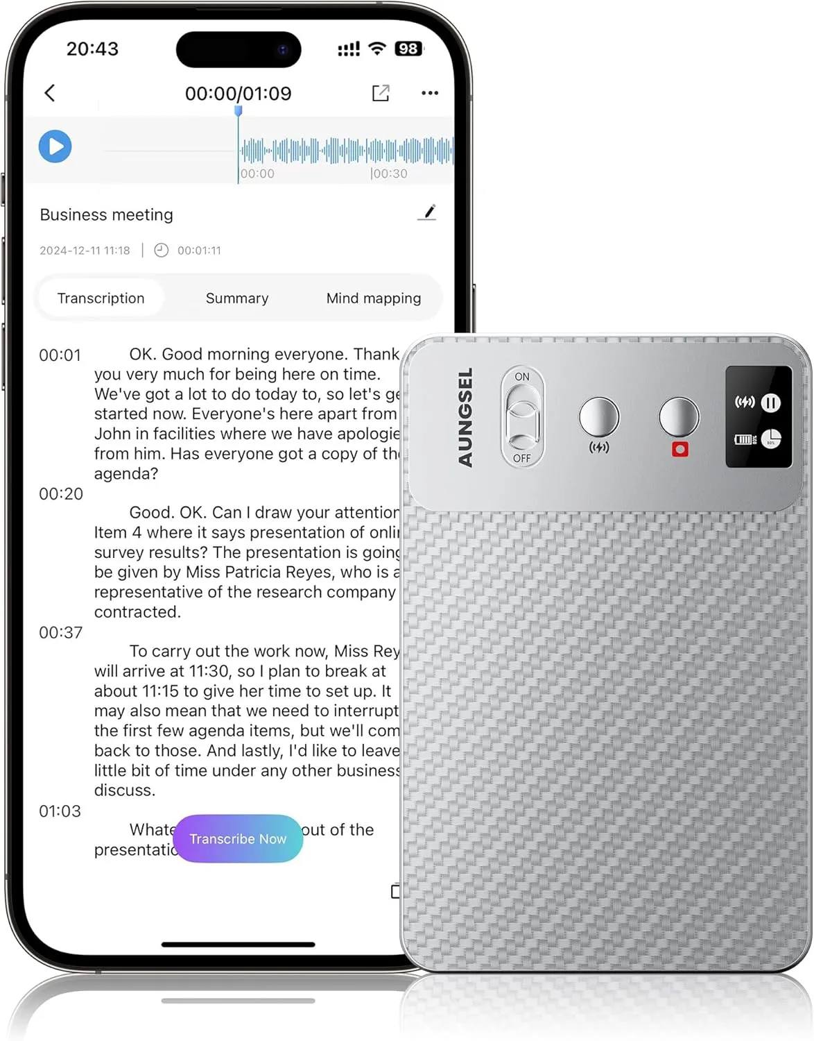 AI Voice Recorder, Transcribe & Summarize AI Audio Recorder, Support 121 Languages, 64GB Memory, Wireless Charging, App/Web Control, Digital Recording Device for Lectures, Meetings, Calls, Silver