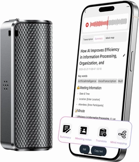 AI Voice Recorder with Real-Time Transcription & Translation, AI Voice Transcriber, Smart Summary, AI-Powered Mind Mapping & Translator for Meetings Notes, Interviews & Lectures, 70  Languages (64GB)