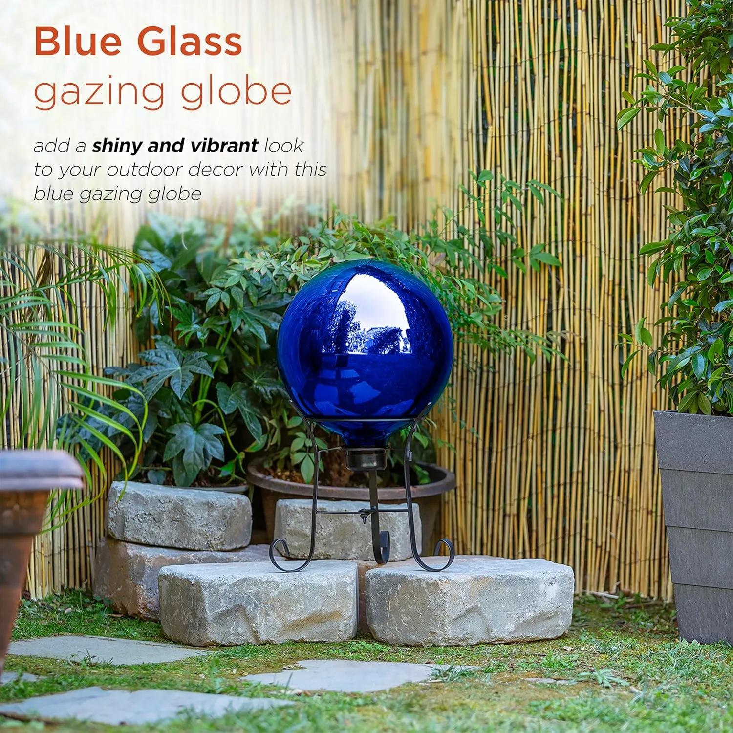 Alpine Corporation 10" Diameter Indoor Outdoor Glass Gazing Globe Festive Yard Decor, Blue