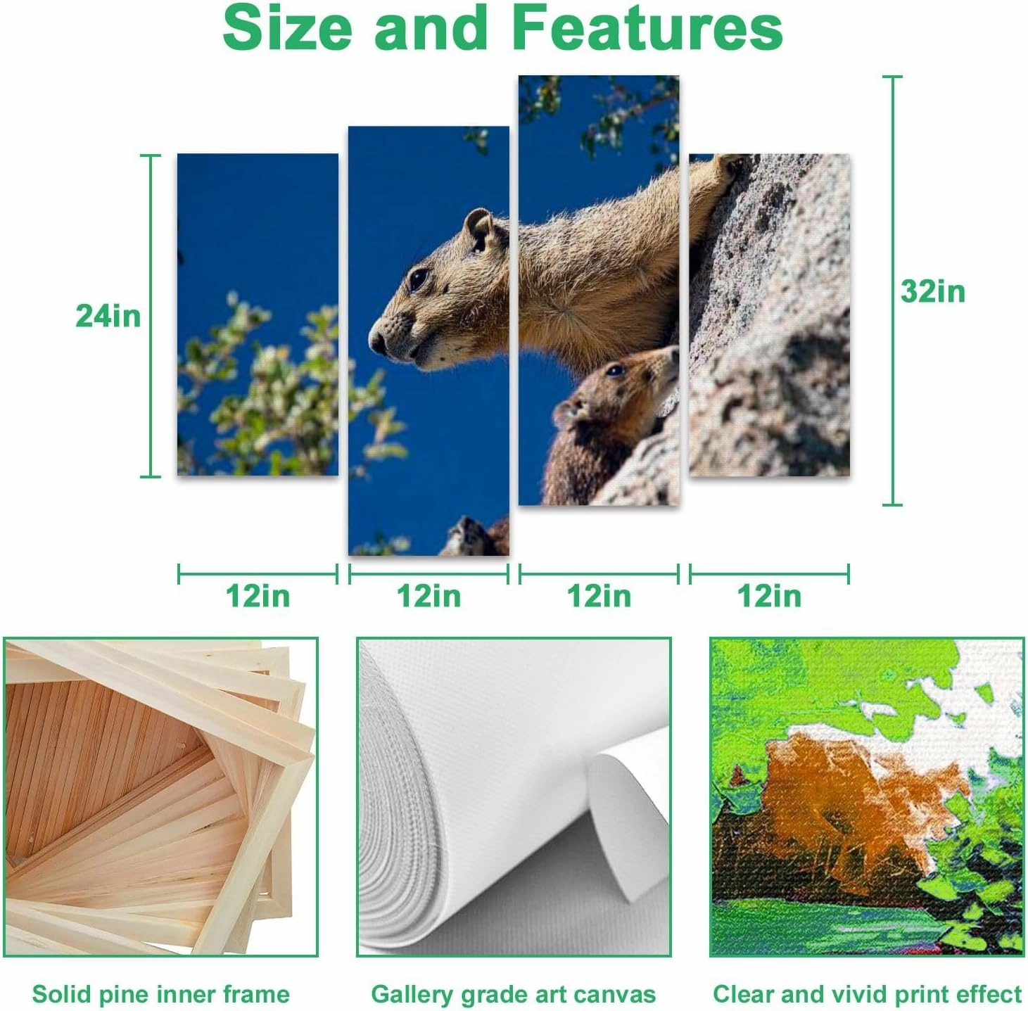 Alpine Marmot marmota marmota Adult Eating standing Rocks Canvas Prints Wall Decor 4 Pieces Contemporary Framed Artworks for Living Room Bedroom Bathroom Office Home Decoration Gifts