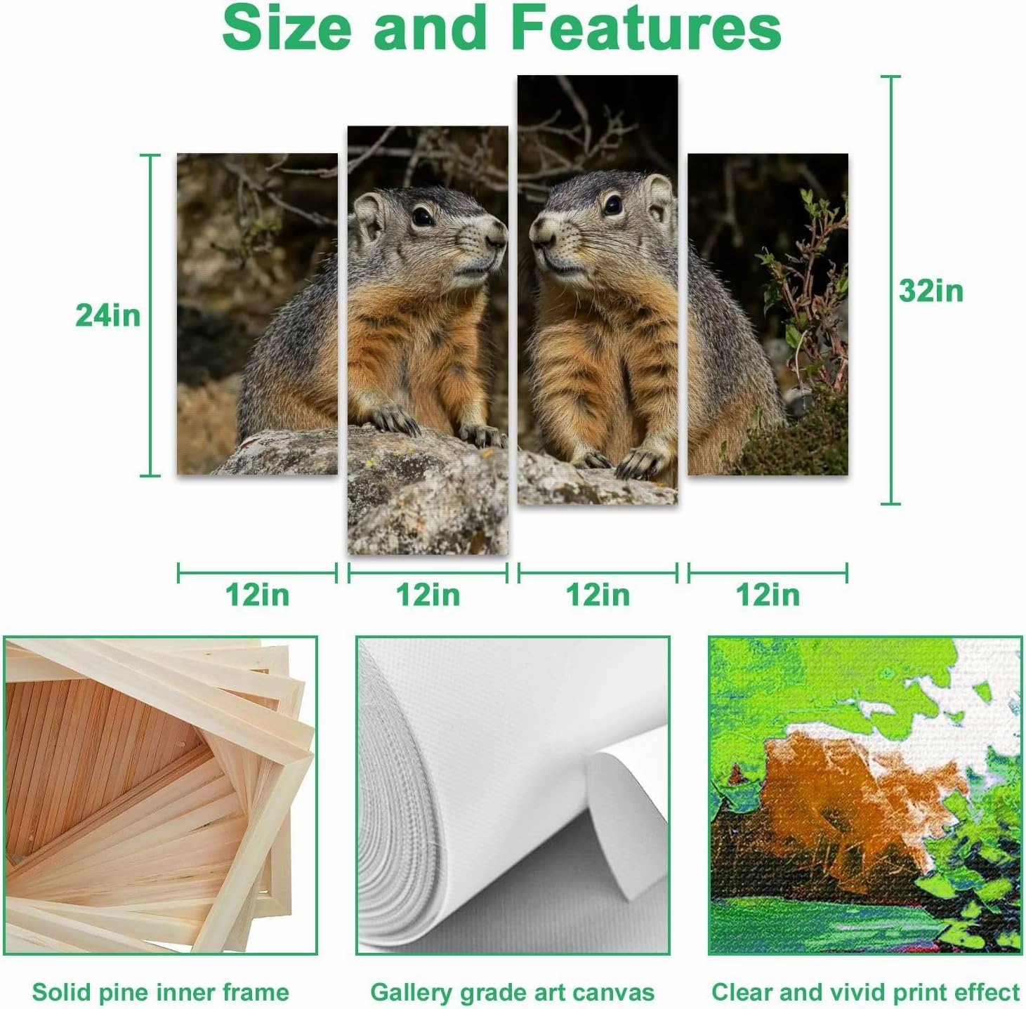 Alpine Marmot marmota marmota Adults standing Rocks Alps South East Canvas Prints Wall Decor 4 Pieces Contemporary Framed Artworks for Living Room Bedroom Bathroom Office Home Decoration Gifts