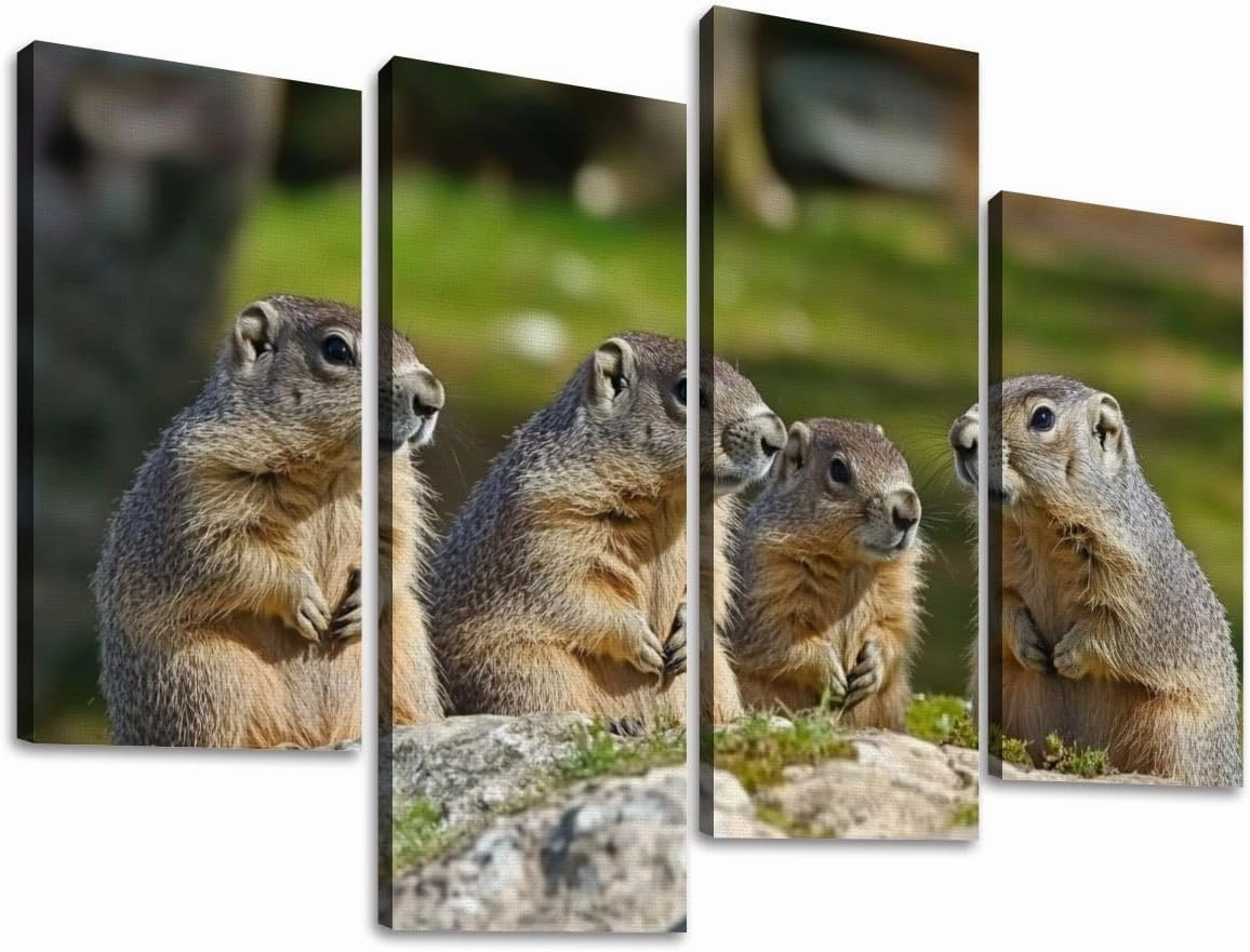 Alpine Marmot marmota marmota Adults standing Rocks France Canvas Prints Wall Decor 4 Pieces Contemporary Framed Artworks for Living Room Bedroom Bathroom Office Home Decoration Gifts