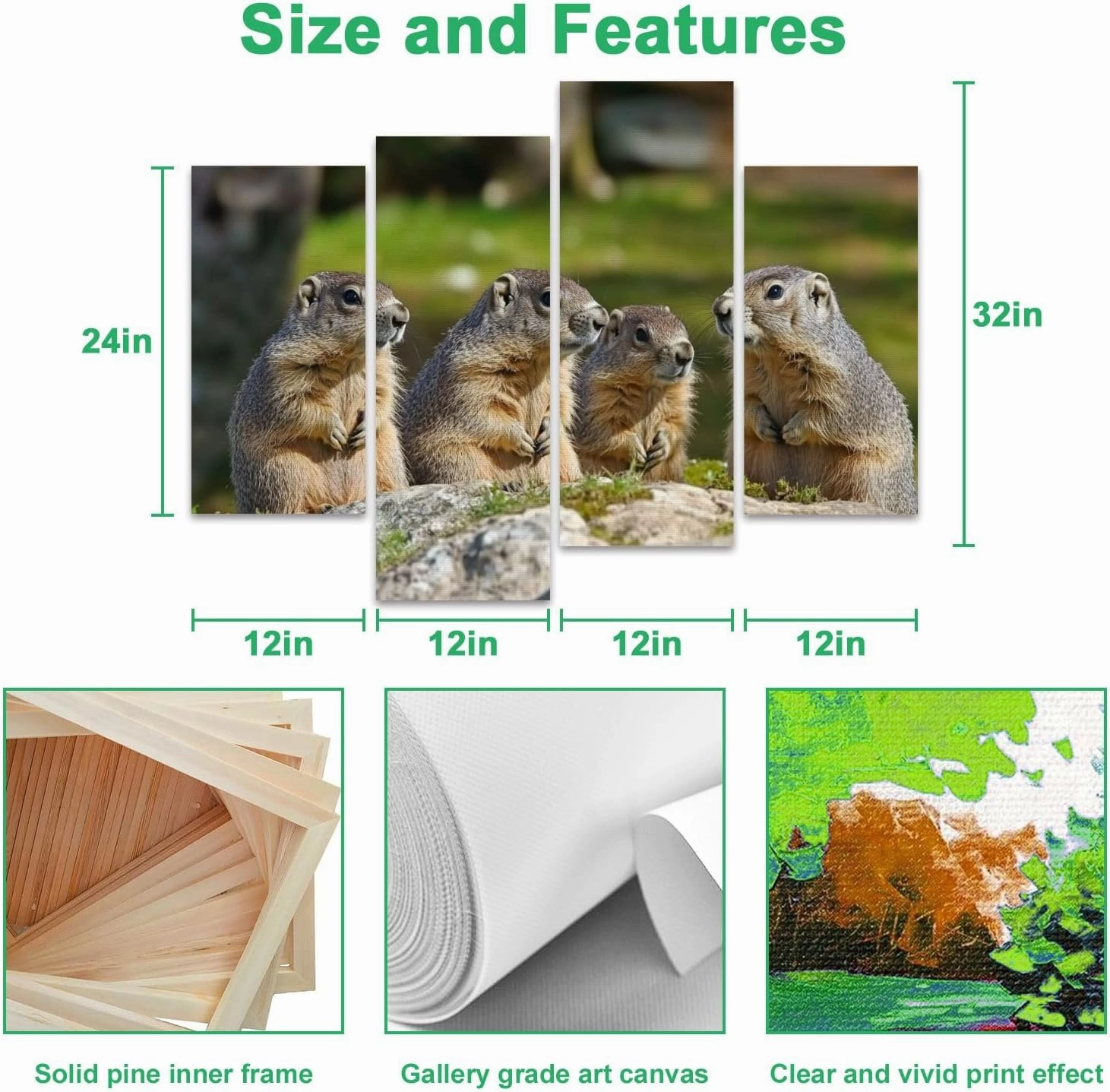 Alpine Marmot marmota marmota Adults standing Rocks France Canvas Prints Wall Decor 4 Pieces Contemporary Framed Artworks for Living Room Bedroom Bathroom Office Home Decoration Gifts