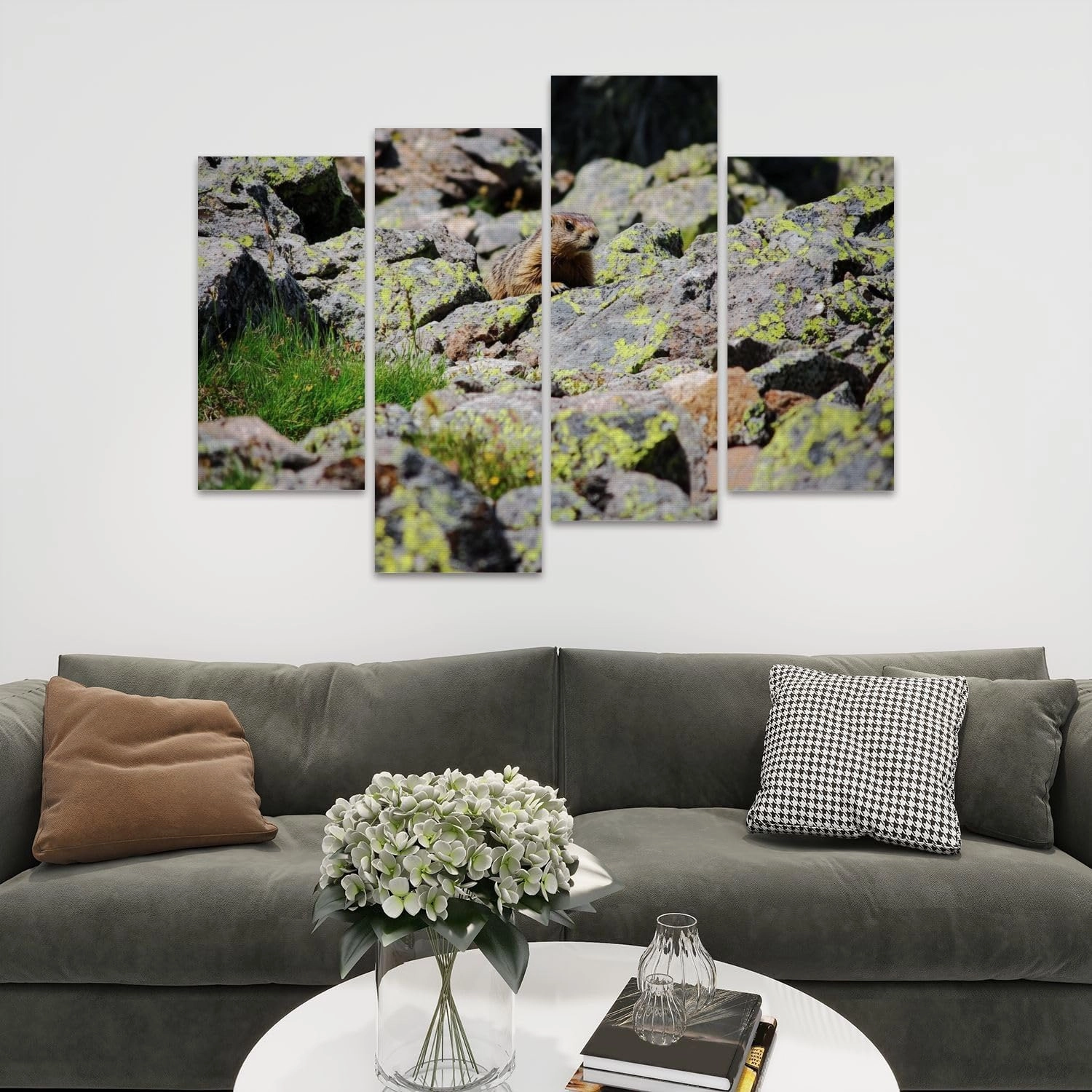 alpine marmot marmota marmota hiding between rocks Canvas Prints Wall Decor 4 Pieces Contemporary Framed Artworks for Living Room Bedroom Bathroom Office Home Decoration Gifts