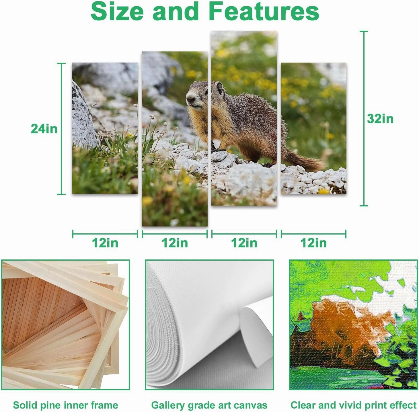 Alpine marmot Marmota marmota rock Canvas Prints Wall Decor 4 Pieces Contemporary Framed Artworks for Living Room Bedroom Bathroom Office Home Decoration Gifts
