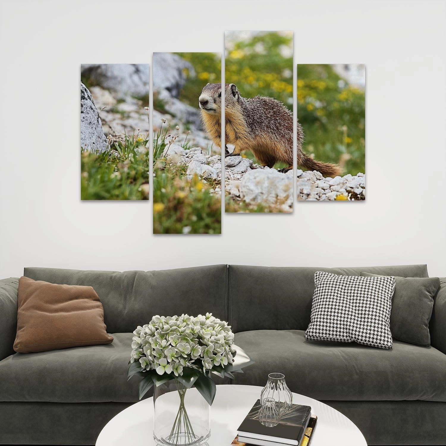 Alpine marmot Marmota marmota rock Canvas Prints Wall Decor 4 Pieces Contemporary Framed Artworks for Living Room Bedroom Bathroom Office Home Decoration Gifts
