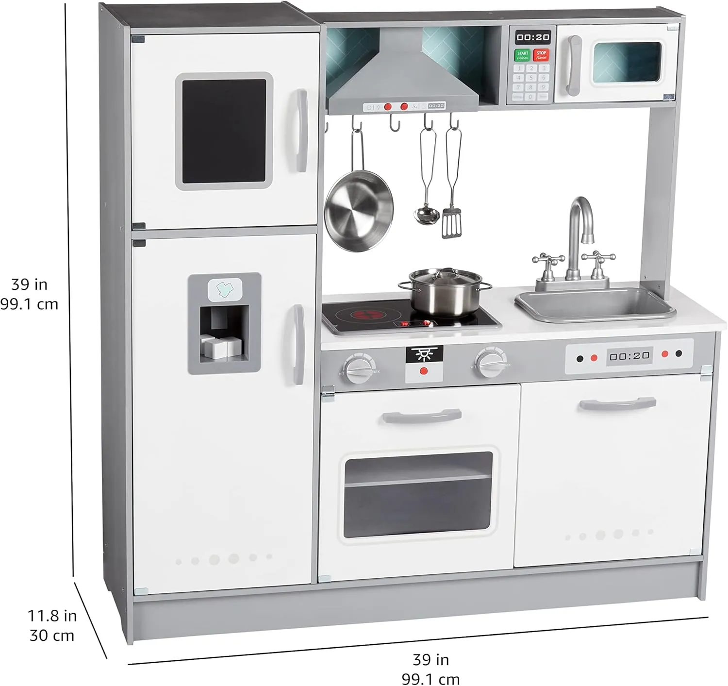 Amazon Basics Kids Kitchen Set, Play Kitchen Toy Playset for Toddlers, Preschoolers, 39"L x 11.8"W x 39"H, White & Gray