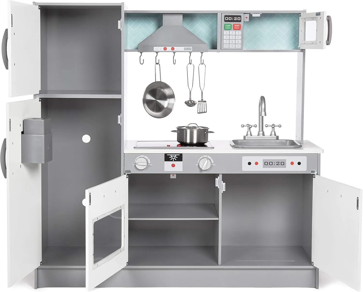 Amazon Basics Kids Kitchen Set, Play Kitchen Toy Playset for Toddlers, Preschoolers, 39"L x 11.8"W x 39"H, White & Gray