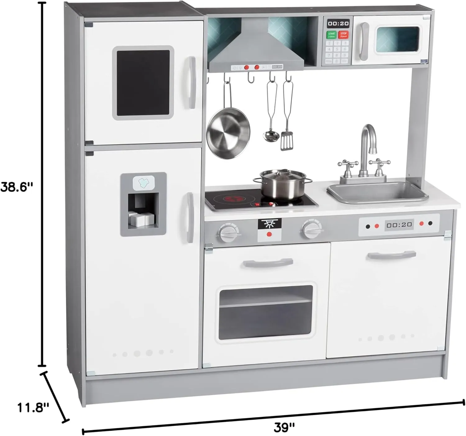 Amazon Basics Kids Kitchen Set, Play Kitchen Toy Playset for Toddlers, Preschoolers, 39"L x 11.8"W x 39"H, White & Gray