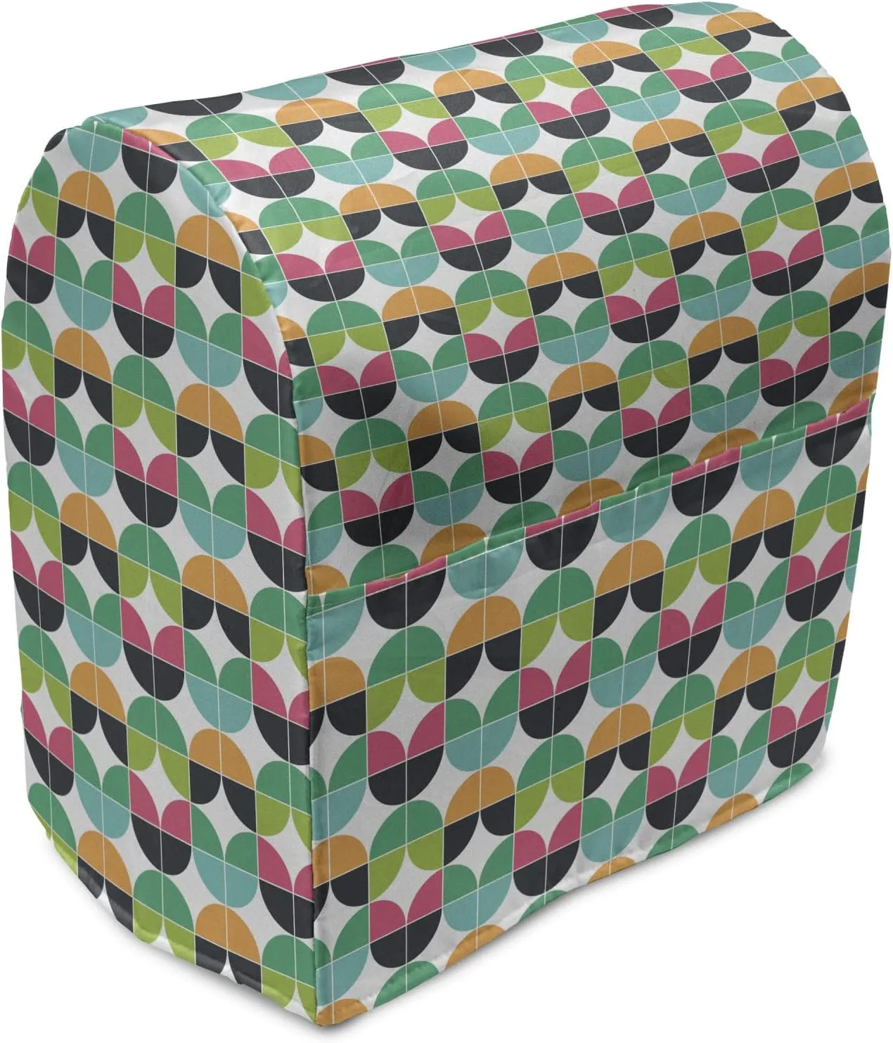 Ambesonne Colorful Stand Mixer Cover, Creative Abstract Retro Effect Geometric Leaf Style Ornaments Repetition, Kitchen Appliance Organizer Bag Cover with a Pocket, 6-8 Quarts, White and Multicolor