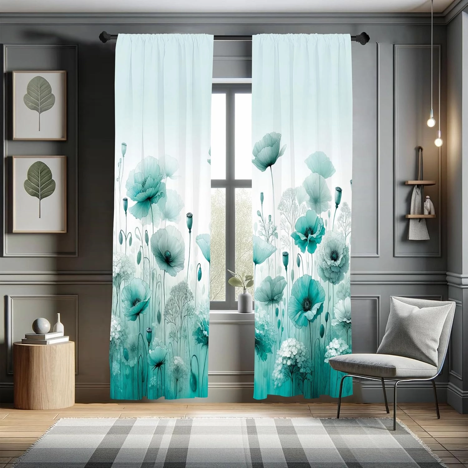 Ambesonne Turquoise Window Curtains Pack of 2, Chill Atmosphere of Flowering Poppy Scene with Oceanic Green Tones, Lightweight Set & Rod Pocket, 4 Panels of - 28" x 95", Mint Green Seafoam White