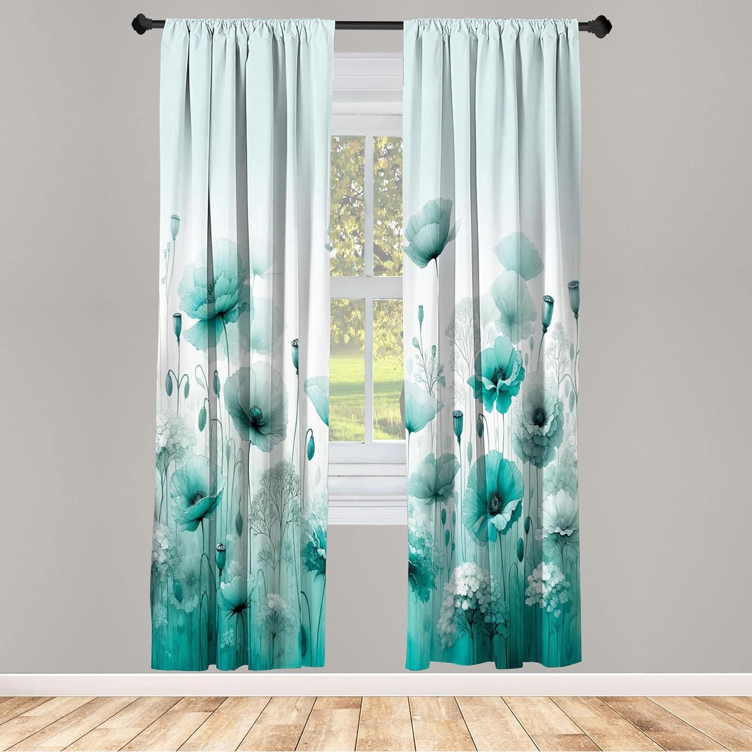 Ambesonne Turquoise Window Curtains Pack of 2, Chill Atmosphere of Flowering Poppy Scene with Oceanic Green Tones, Lightweight Set & Rod Pocket, 4 Panels of - 28" x 95", Mint Green Seafoam White