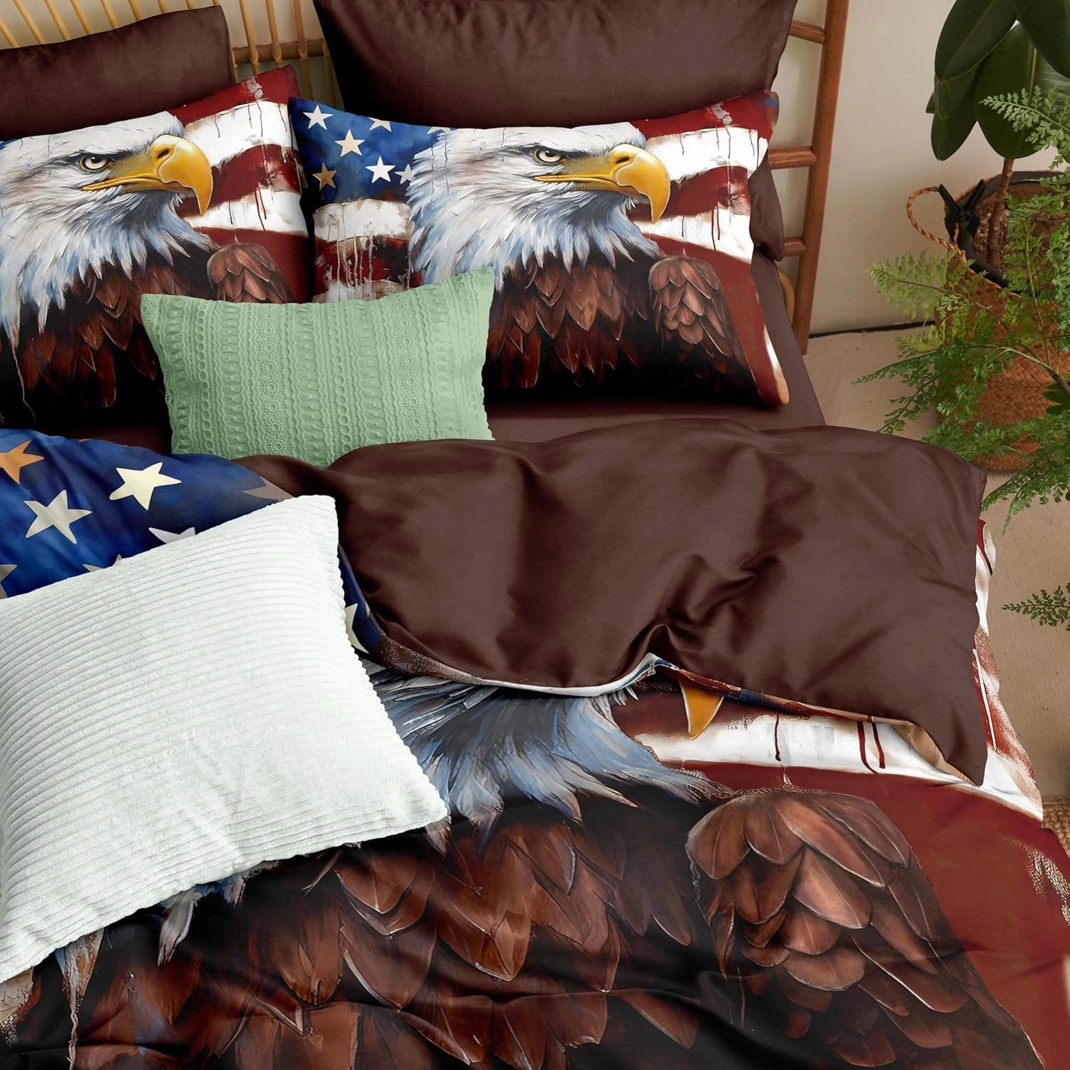 American Flag Comforter Set Queen Size, Eagle Wildlife Animal Soft Bedding Set for Adult,3Piece Retro Camouflage Lightweight Comforter with 2 Pillowcases,90 * 90/Brown White Blue