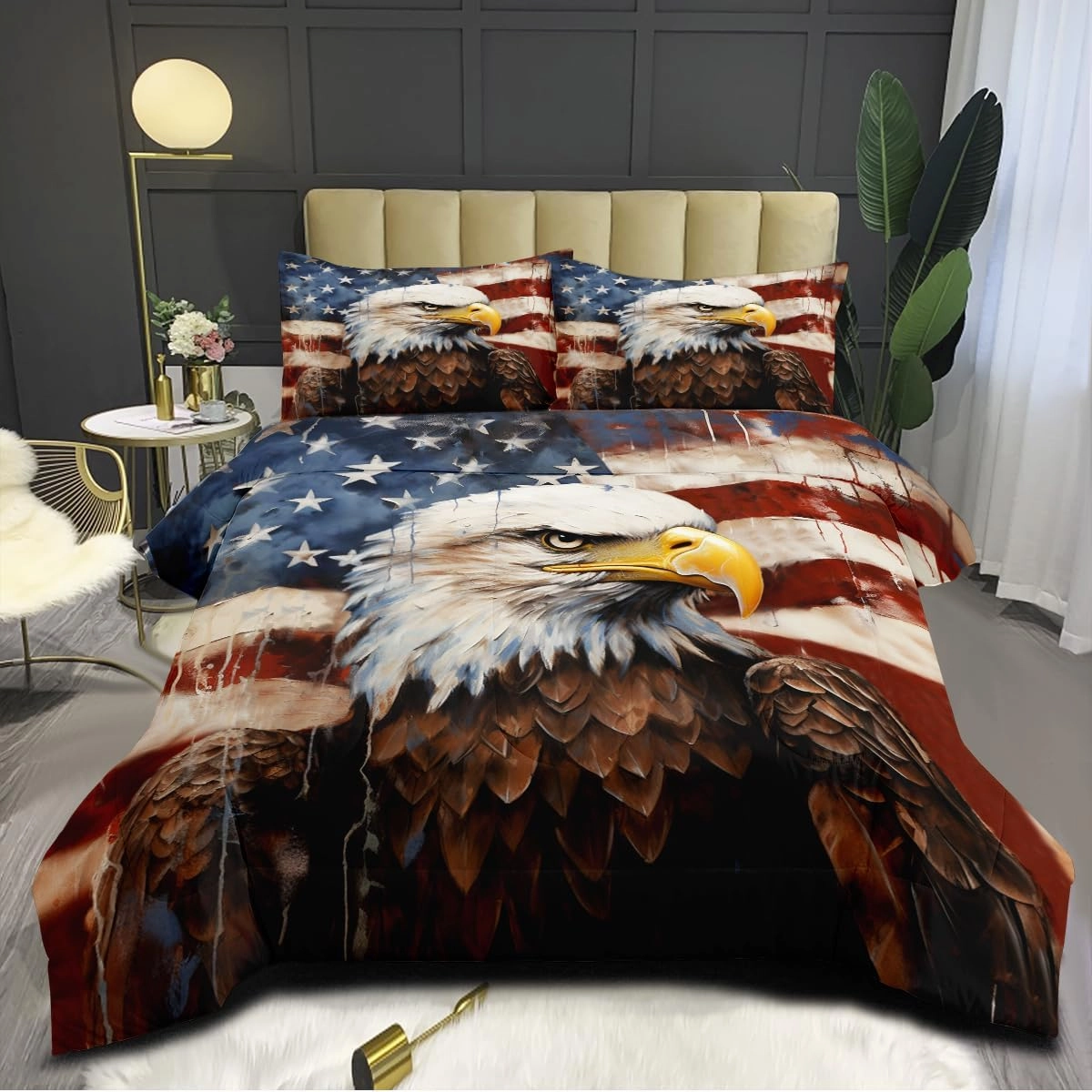 American Flag Comforter Set Queen Size, Eagle Wildlife Animal Soft Bedding Set for Adult,3Piece Retro Camouflage Lightweight Comforter with 2 Pillowcases,90 * 90/Brown White Blue