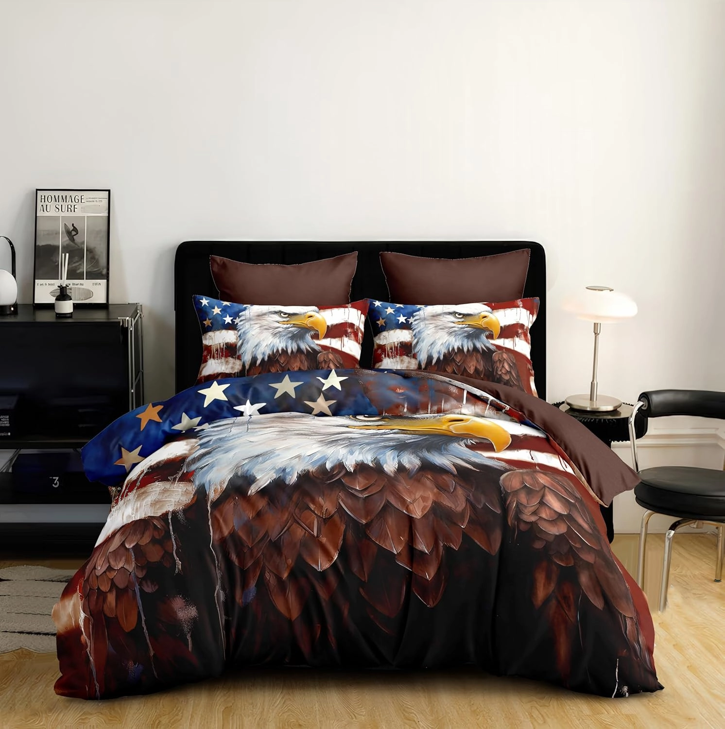 American Flag Comforter Set Queen Size, Eagle Wildlife Animal Soft Bedding Set for Adult,3Piece Retro Camouflage Lightweight Comforter with 2 Pillowcases,90 * 90/Brown White Blue