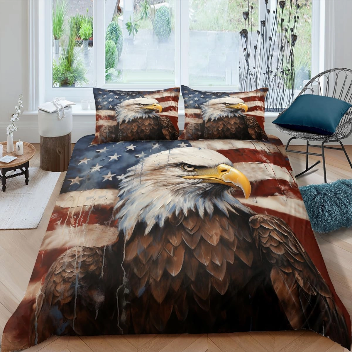 American Flag Comforter Set Queen Size, Eagle Wildlife Animal Soft Bedding Set for Adult,3Piece Retro Camouflage Lightweight Comforter with 2 Pillowcases,90 * 90/Brown White Blue