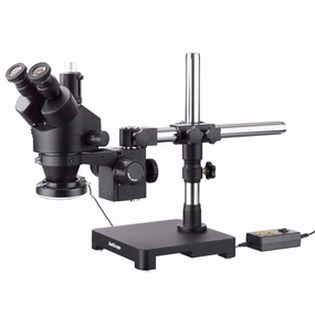 AmScope SM-3TZZ-144A-B 3.5X-180X Black Trinocular Stereo Zoom Microscope on Single Arm Boom Stand   144 Direction Adjustable LED Ring Light