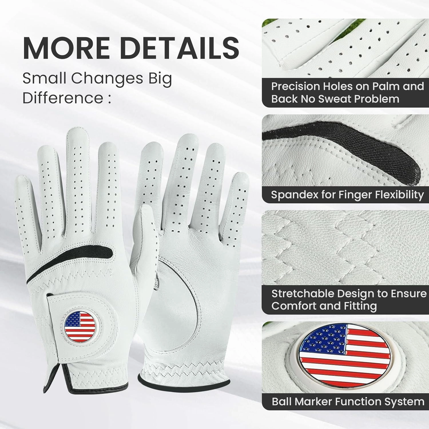 Amy Sport Golf Gloves Men Cabretta Leather with Ball Marker Value 2 Pack, Non Slip All Weather Grip for Left Hand Right Handed Golfer, Premium Mens Golf Glove Breathable