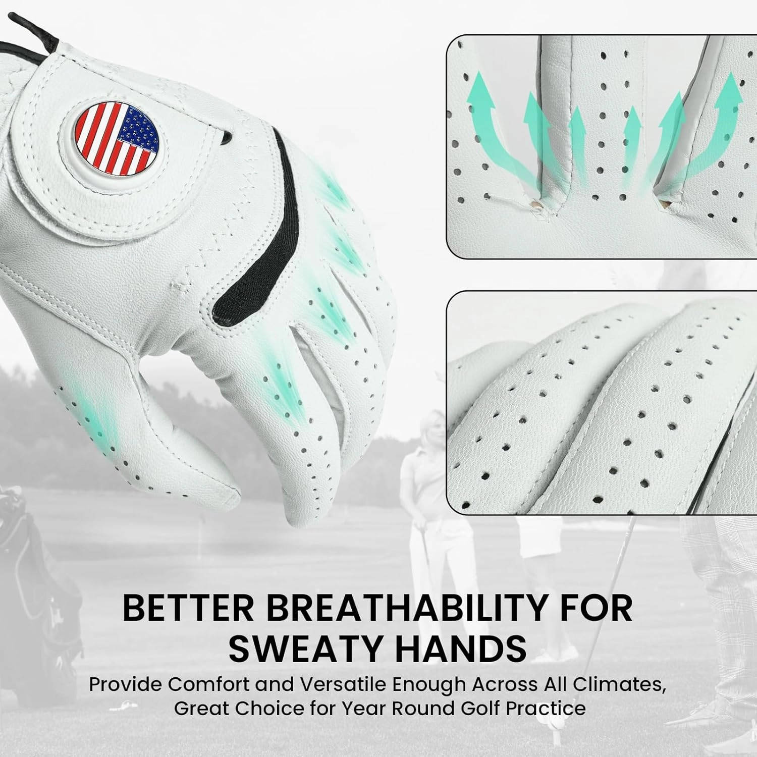 Amy Sport Golf Gloves Men Cabretta Leather with Ball Marker Value 2 Pack, Non Slip All Weather Grip for Left Hand Right Handed Golfer, Premium Mens Golf Glove Breathable