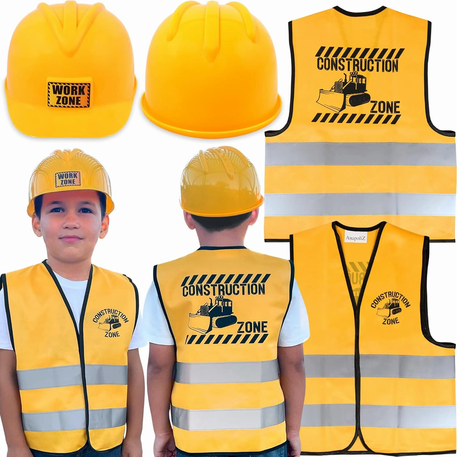 AnapoliZ Kids Construction Vest plus Hat Set | 2 Pcs Kids Construction Worker Vest & Hat Dress Up | Yellow Reflective Vest Construction, plus Yellow Plastic Childrens Hard Hat | Construction Costume