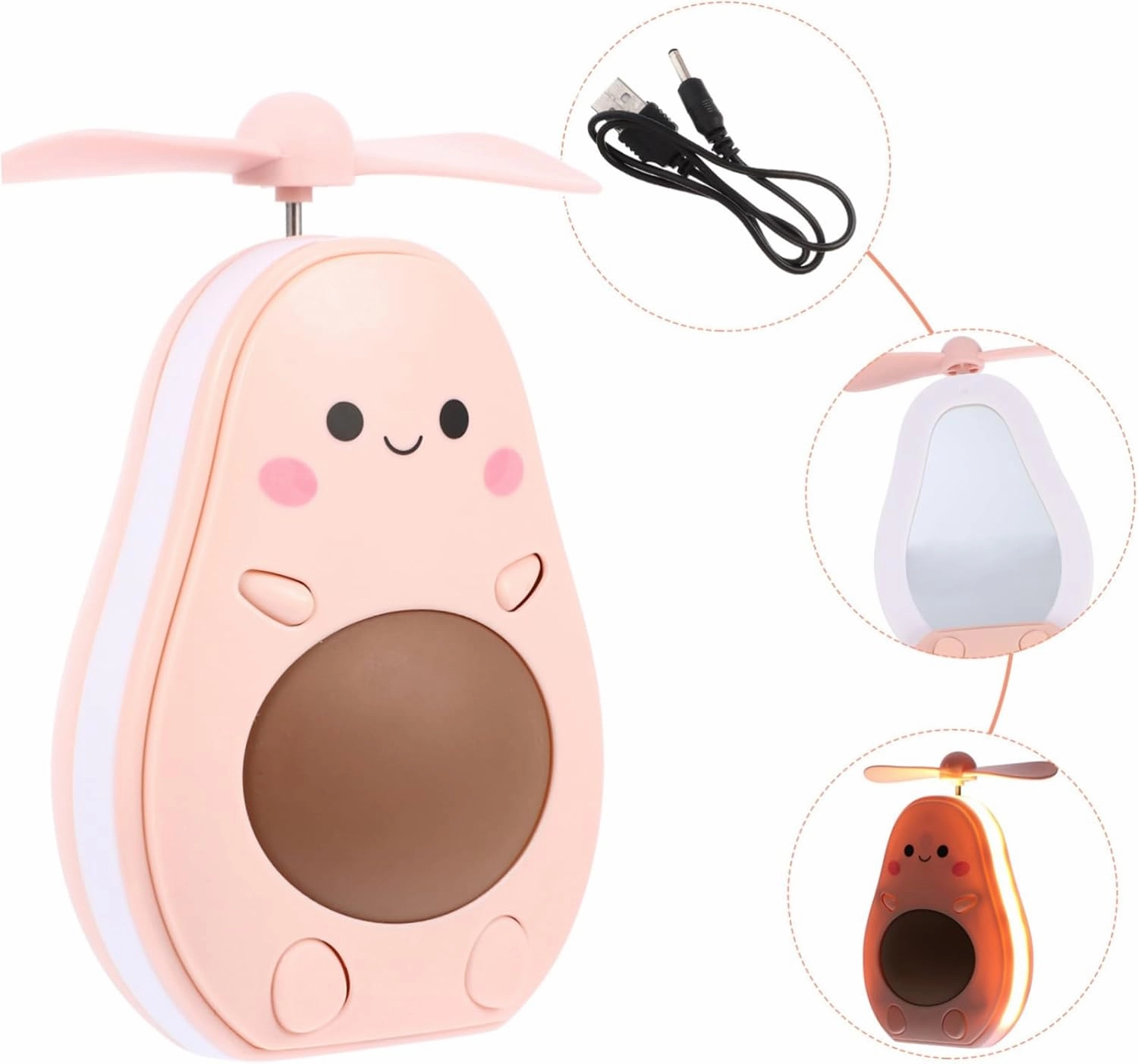 Angoily Avocado Shape Led Mirror Fan Rechargeable Compact Hand-held Makeup Travel Mirror
