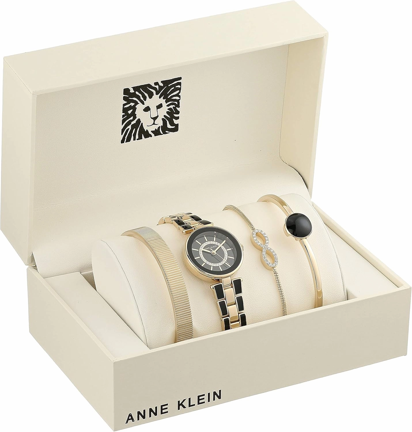 Anne Klein Women's AK/3286BKST Premium Crystal Accented Gold-Tone and Black Watch and Bracelet Set