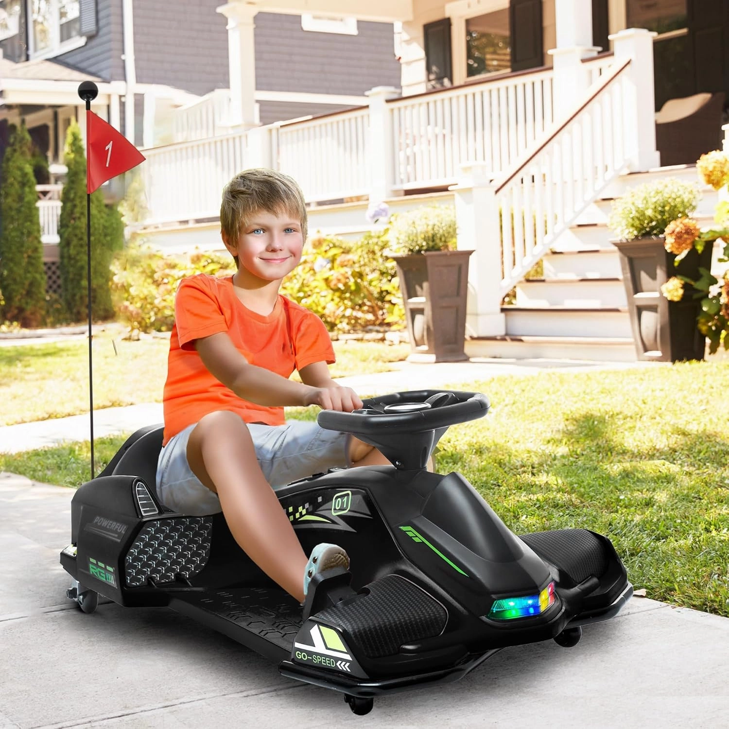 Aosom 12V Electric Go Kart, 5 MPH Drifting Car, Battery Powered Ride on Toy Outdoor with Slow Start, Music, Colorful Lights, for 8-12 Years Old, Black