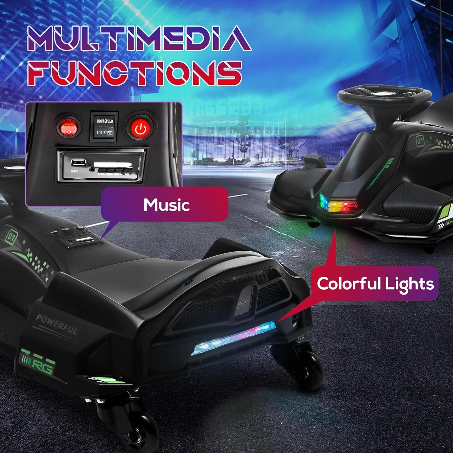 Aosom 12V Electric Go Kart, 5 MPH Drifting Car, Battery Powered Ride on Toy Outdoor with Slow Start, Music, Colorful Lights, for 8-12 Years Old, Black