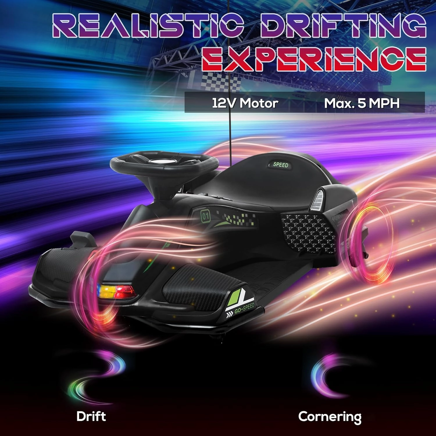 Aosom 12V Electric Go Kart, 5 MPH Drifting Car, Battery Powered Ride on Toy Outdoor with Slow Start, Music, Colorful Lights, for 8-12 Years Old, Black